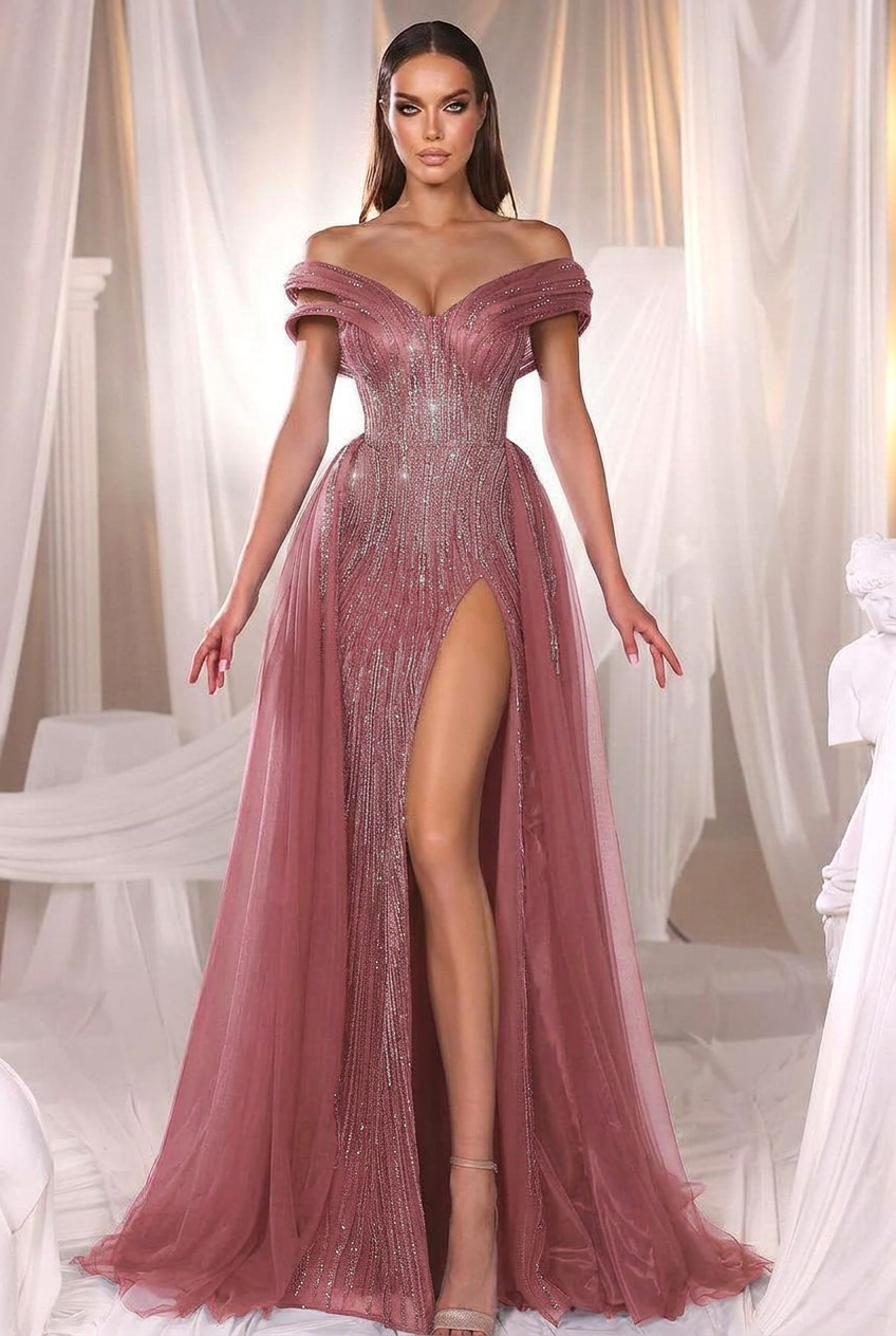 Dusty rose off-the-shoulder beaded mermaid evening dress