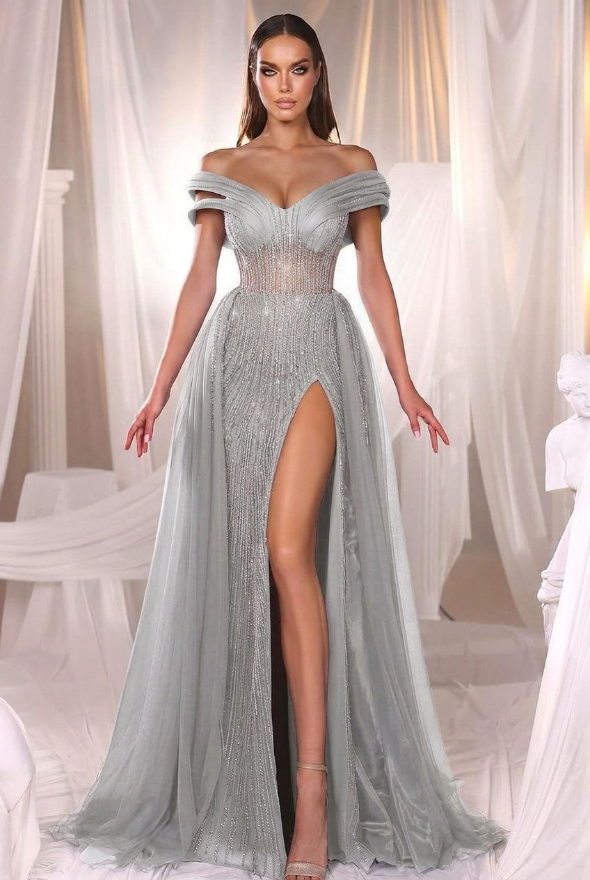 Silver off-the-shoulder beaded mermaid evening dress