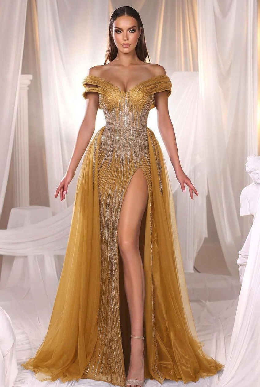 Gold off-the-shoulder beaded mermaid evening dress
