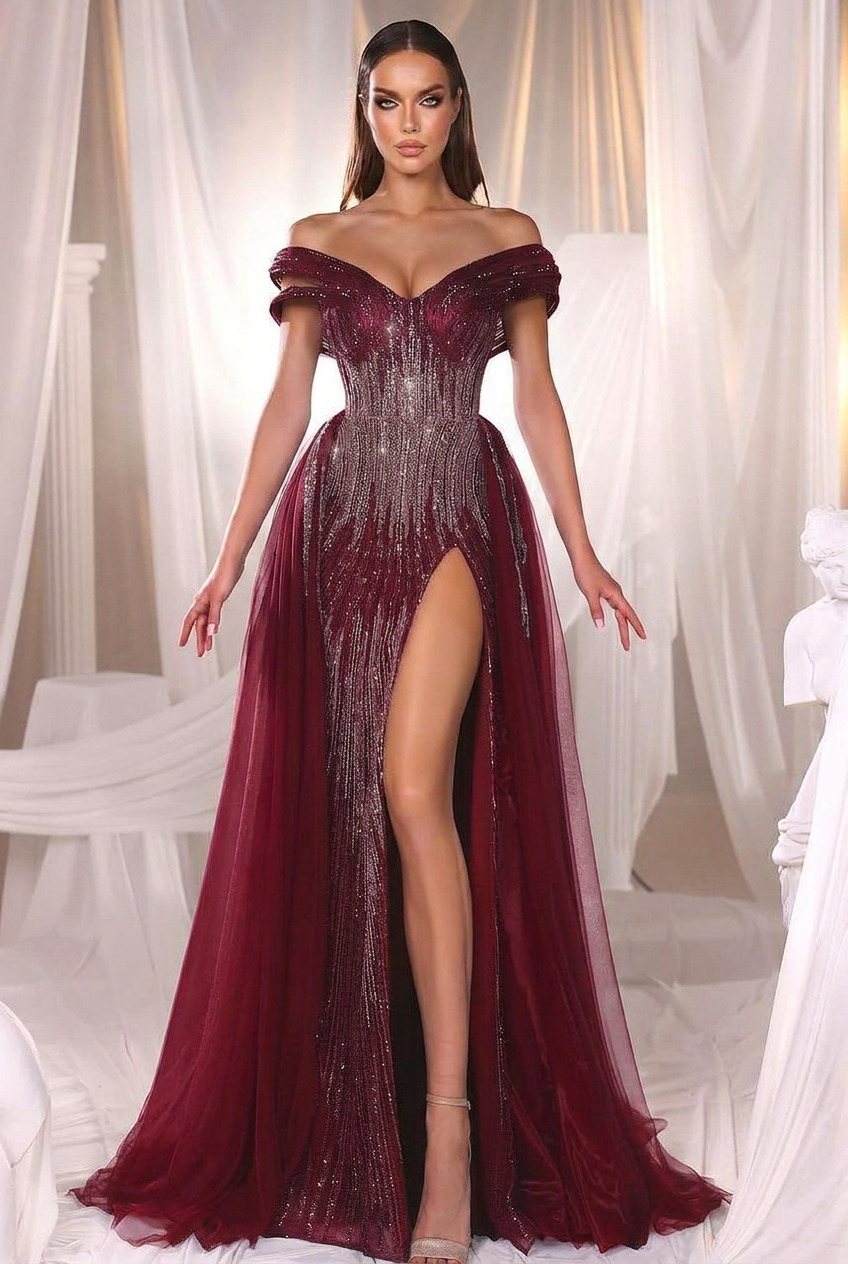 Burgundy off-the-shoulder beaded mermaid evening dress