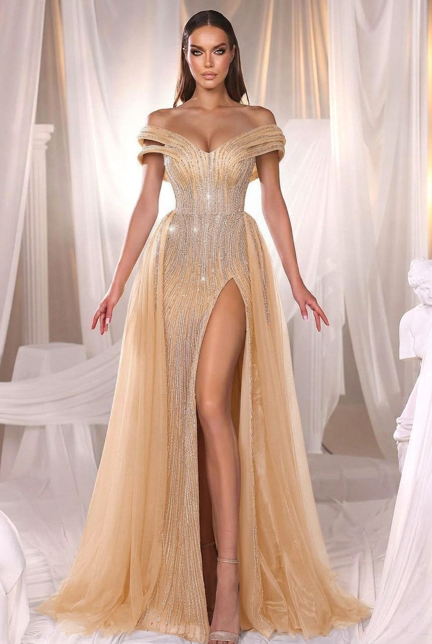 Champagne off-the-shoulder beaded mermaid evening dress