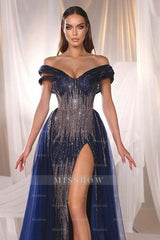 Navy Blue Off-The-Shoulder Sleeveless Sequined Mermaid Beaded Floor Formal Evening Gown