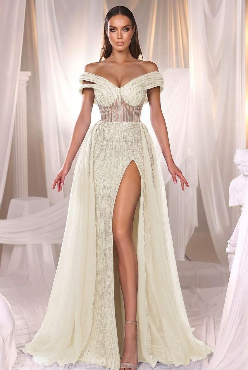 Ivory off-the-shoulder beaded mermaid evening dress