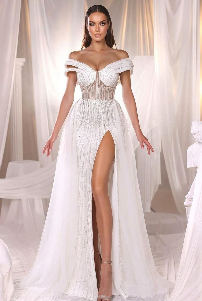 White off-the-shoulder beaded mermaid evening dress