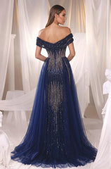 Navy off-the-shoulder beaded mermaid evening dress