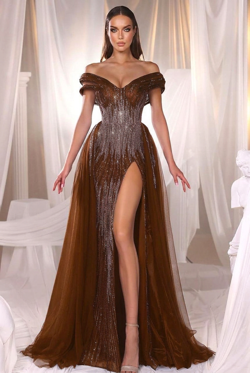 Chocolate off-the-shoulder beaded mermaid evening dress