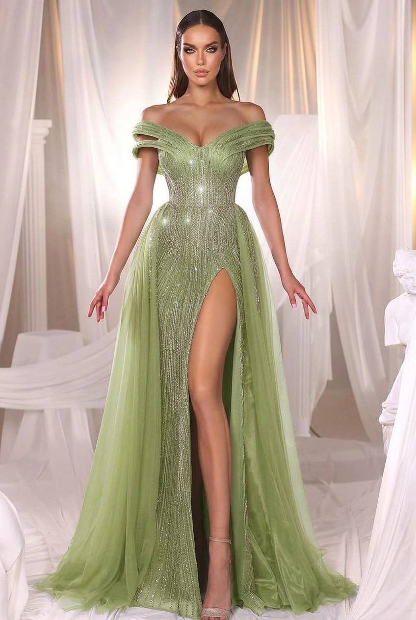Sage off-the-shoulder beaded mermaid evening dress