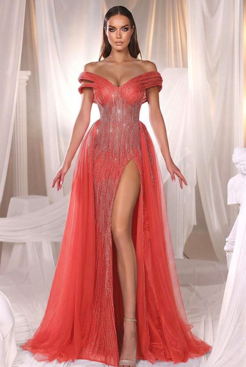 Coral off-the-shoulder beaded mermaid evening dress