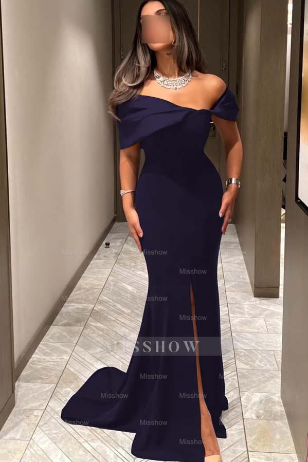 Navy Blue Off-the-Shoulder Sleeveless Mermaid Satin Ruffled Floor Formal Evening Gown