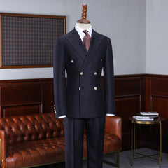 Navy Blue Peak Lapel Double Breasted Men’s Business Suit