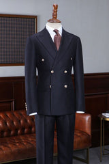 Navy Blue Peak Lapel Double Breasted Men’s Business Suit