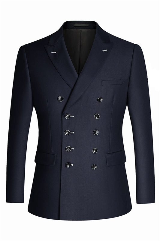 Navy Blue Peak Lapel Double-Breasted Slim Fit Business Ensemble