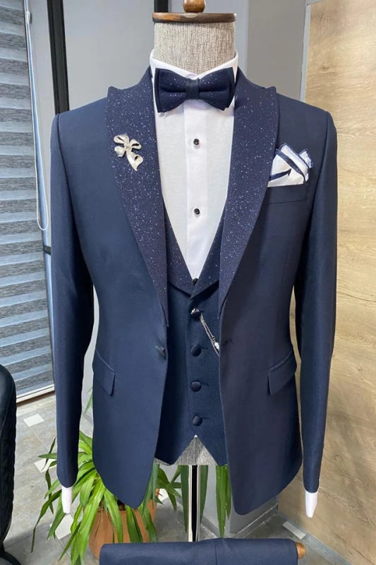 Navy Blue Peaked Lapel Three-Piece Classic Prom Suit