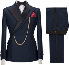 Navy Blue Peaked Lapel Two-Piece Chic Prom Suit For Men