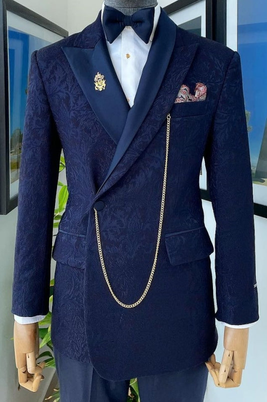 Navy Blue Peaked Lapel Two-Piece Close-Fitting Prom Suit