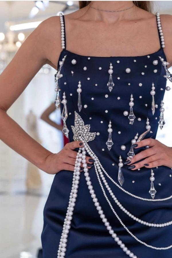 Navy Blue Rhinestone Satin Mermaid Evening Dress Spaghetti Straps Pearl Beaded Slit Gown