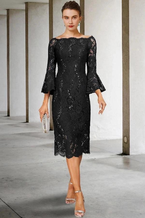 Navy Blue Sequin Lace Sheath Mother of the Bride Dress Off Shoulder Bell Sleeve Bow Back Tea Length