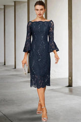 Navy Blue Sequin Lace Sheath Mother of the Bride Dress Off Shoulder Bell Sleeve Bow Back Tea Length