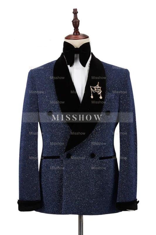 Navy Blue Sequined Double Breasted Fitted Wedding Ensemble With Black Velvet Lapel