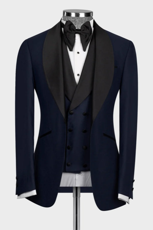 Navy Blue Shawl Collar Three-Piece Wedding Men's Ensemble