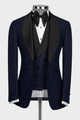 Navy Blue Shawl Collar Three-Piece Wedding Men's Ensemble