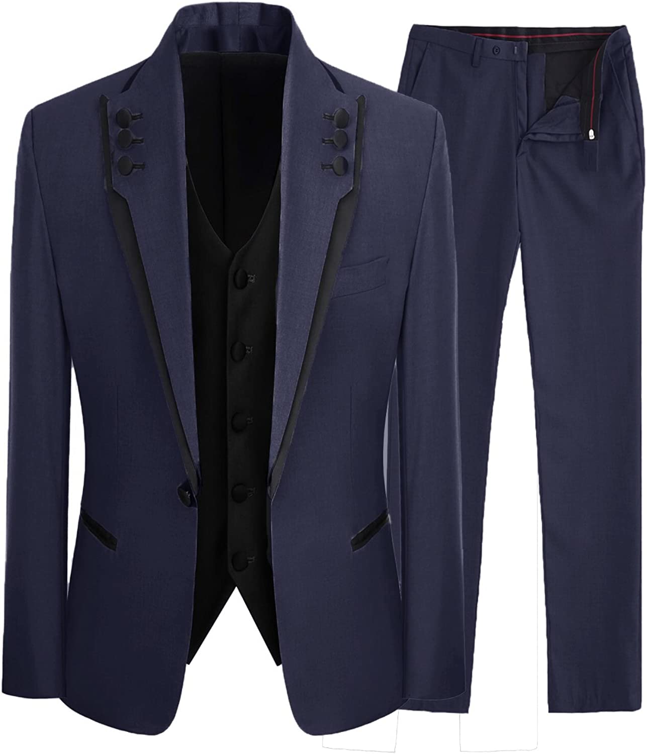 Navy Blue Shawl Lapel Close-Fitting Three-Piece Prom Suit