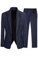 Navy Blue Shawl Lapel Close-Fitting Three-Piece Prom Suit