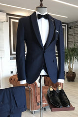Navy Blue Shawl Lapel Three-Piece Tailored Suit for Men's Wedding