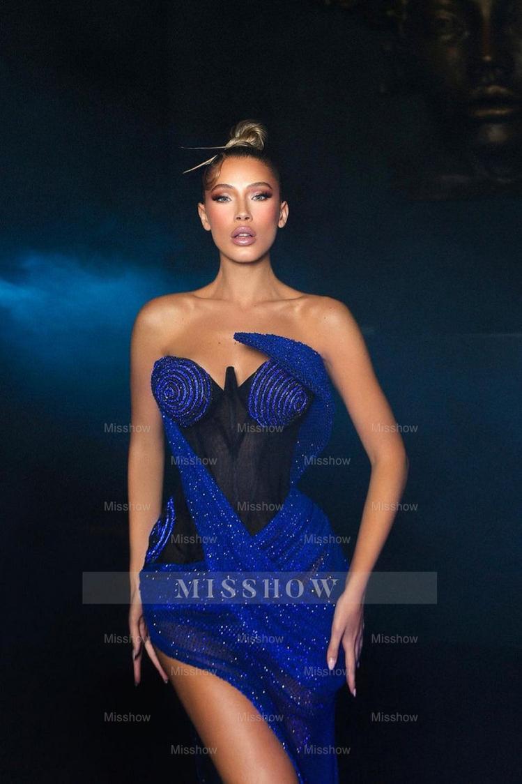 Navy Blue Strapless Beaded Sheer Corset Mermaid Sequined Slit Floor Length Evening Gown