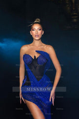Navy Blue Strapless Beaded Sheer Corset Mermaid Sequined Slit Floor Length Evening Gown