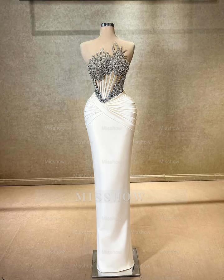 Navy Blue Strapless Sleeveless Mermaid Rhinestone Beaded Pleated Floor Formal Evening Gown