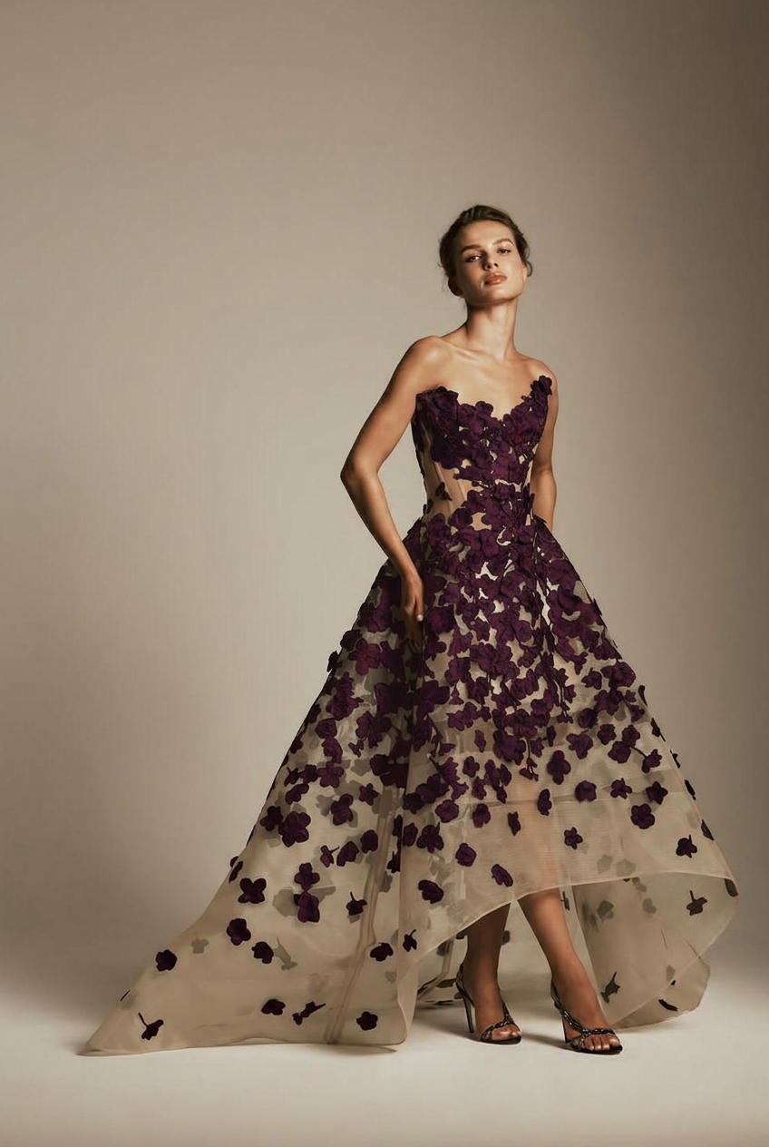 Grape sweetheart applique ball gown evening dress