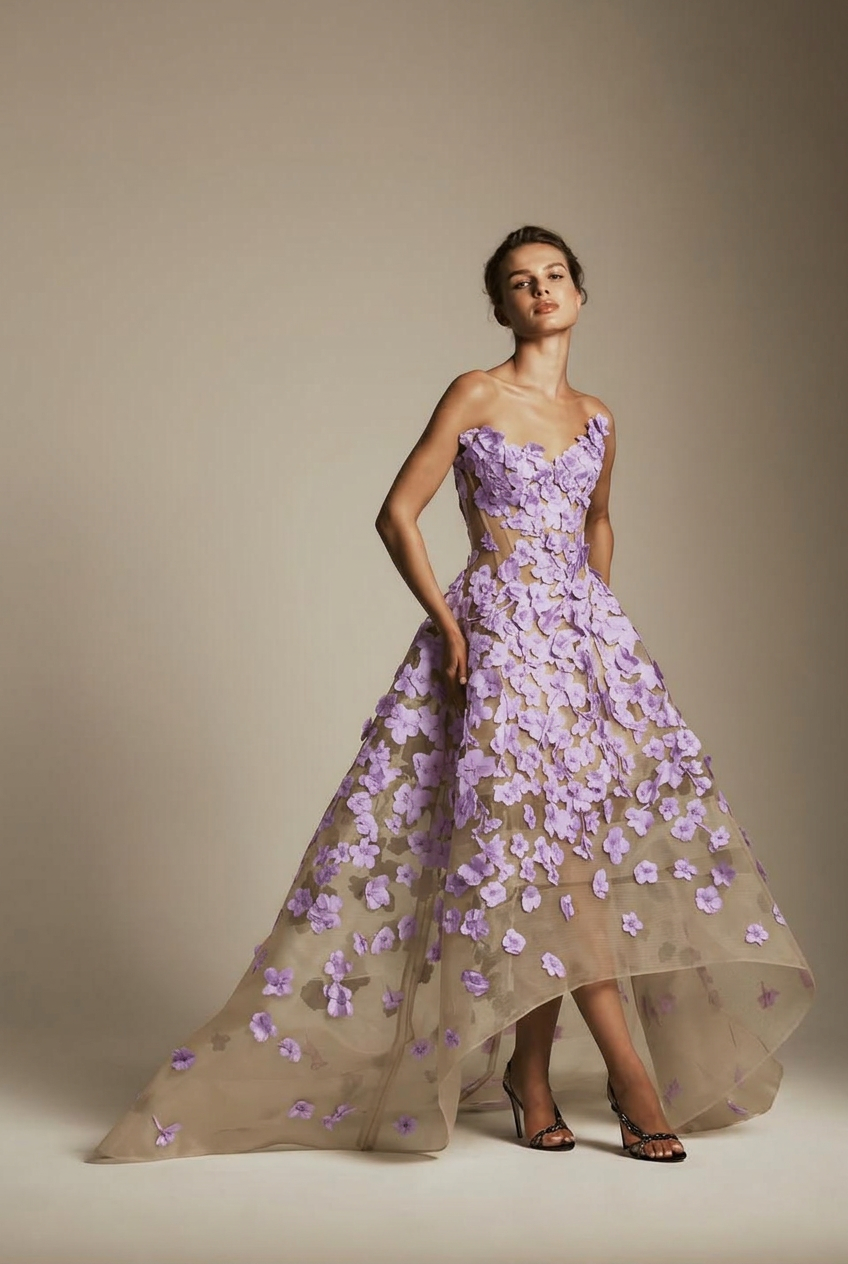 Lavender sweetheart applique ball gown evening dress