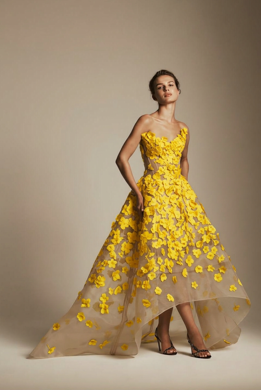 Yellow sweetheart applique ball gown evening dress