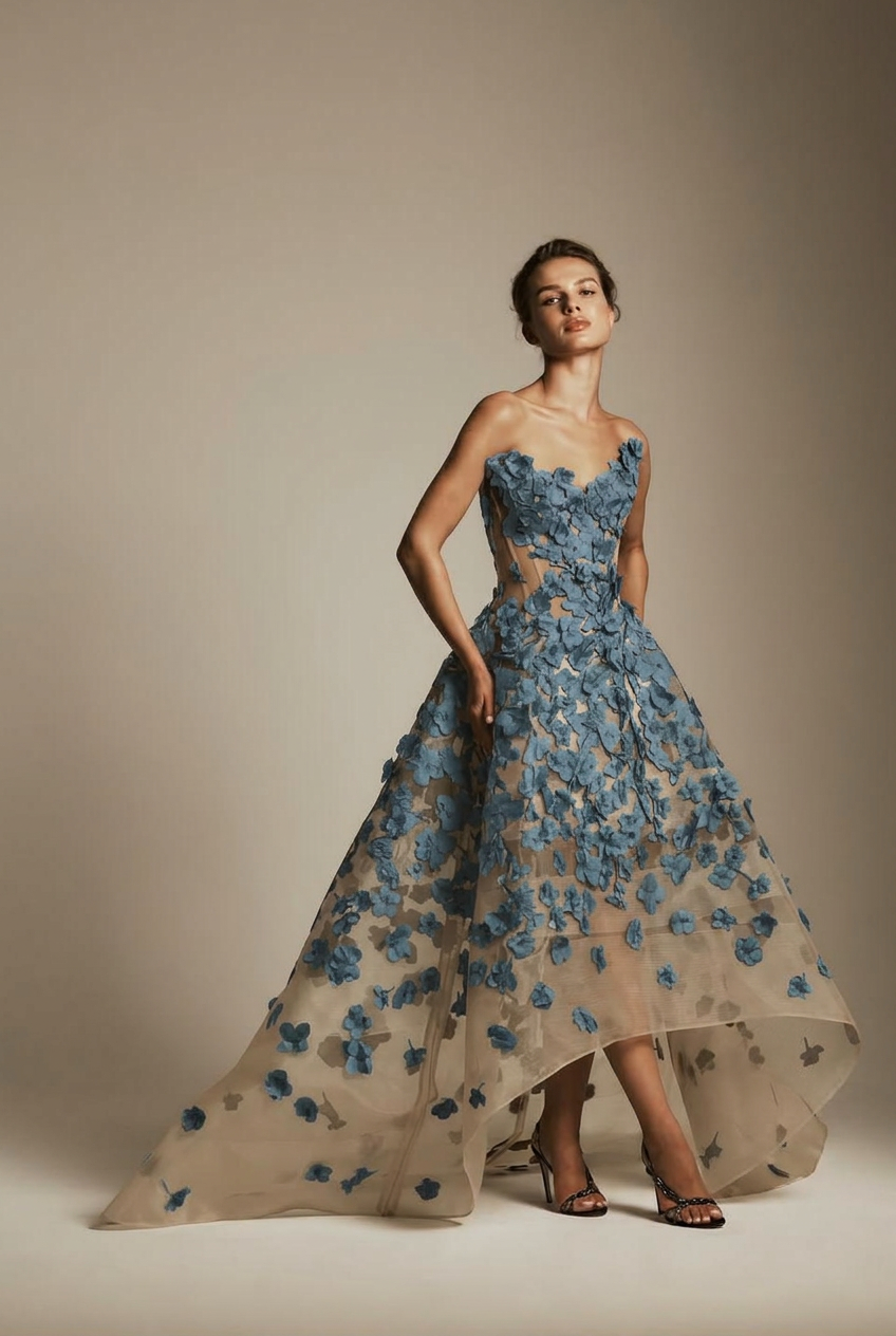 Dusty blue sweetheart applique ball gown evening dress