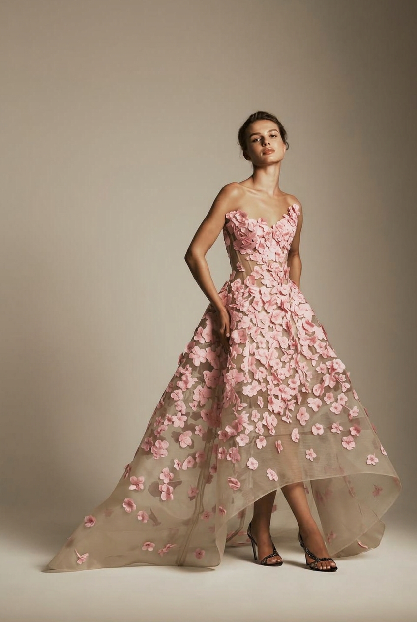 Candy pink sweetheart applique ball gown evening dress
