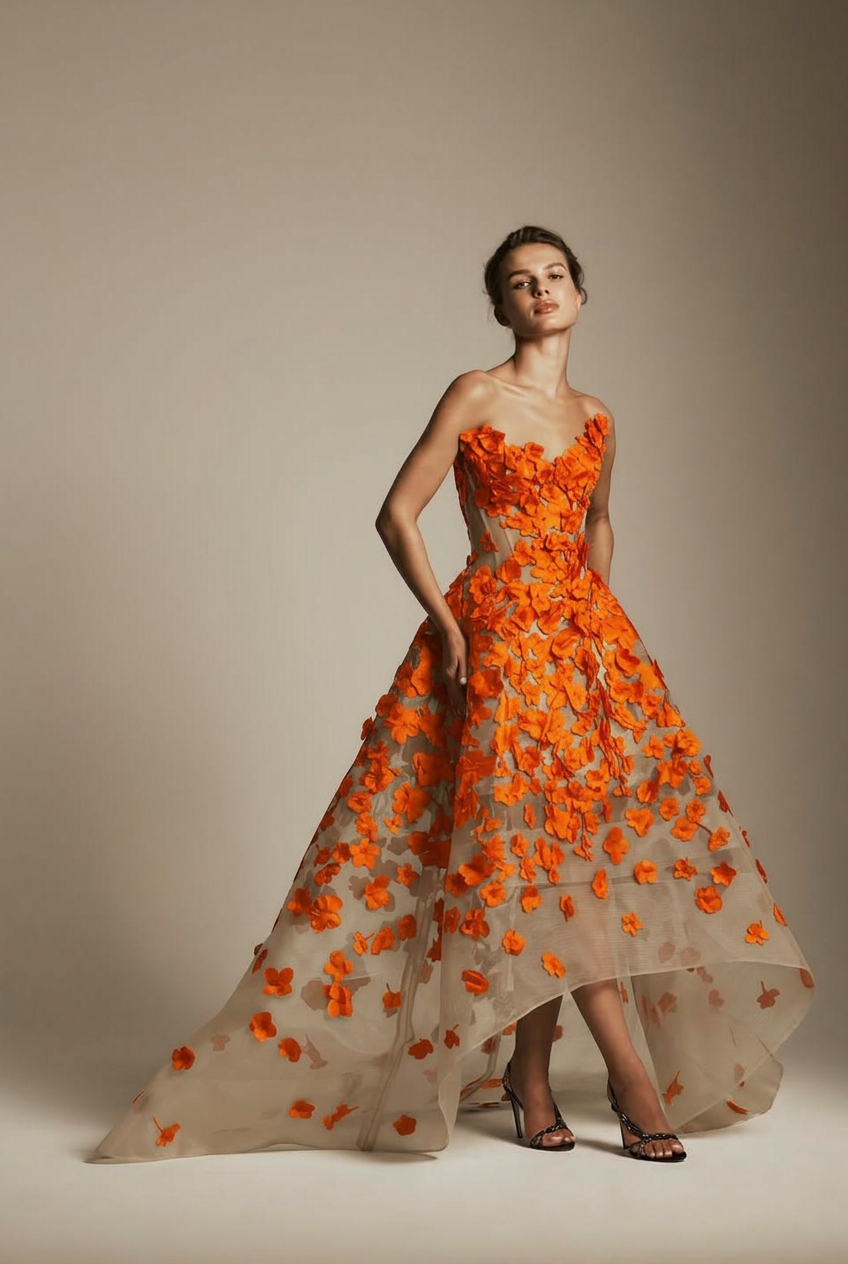 Orange sweetheart applique ball gown evening dress