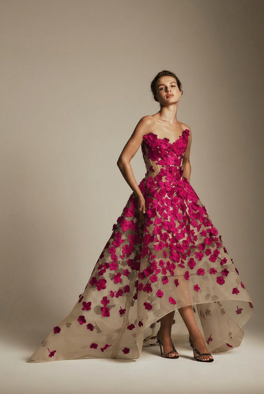 Fuchsia sweetheart applique ball gown evening dress