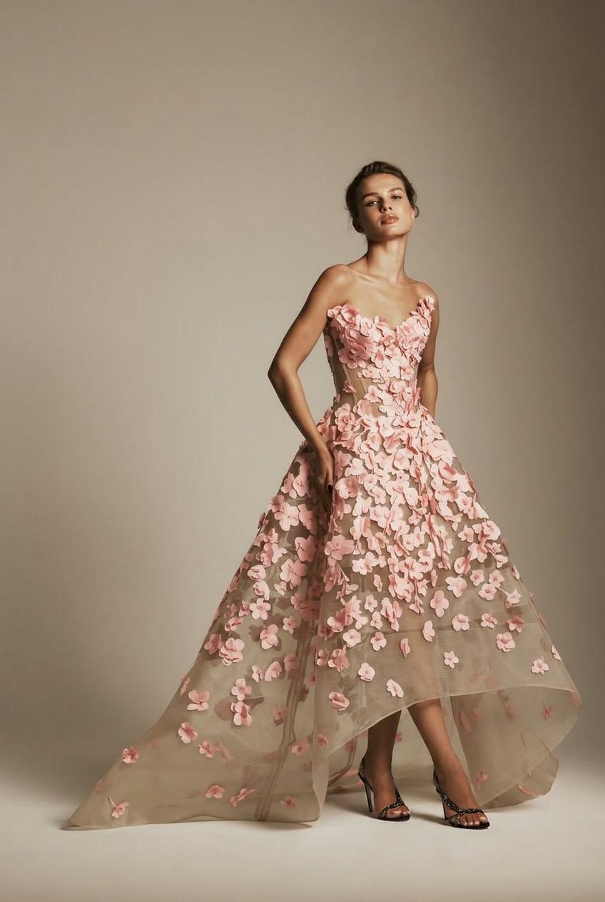 Blushing pink sweetheart applique ball gown evening dress