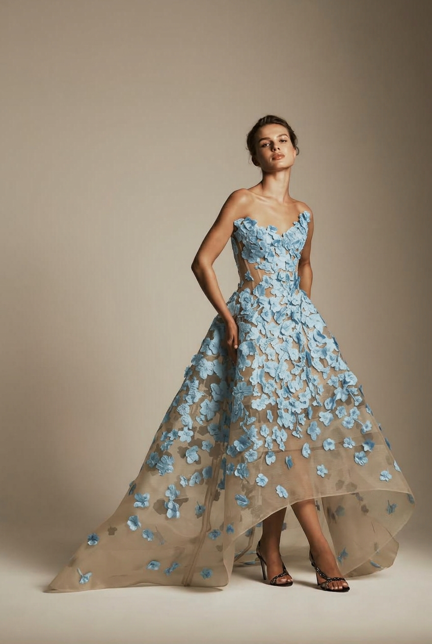 Light blue sweetheart applique ball gown evening dress