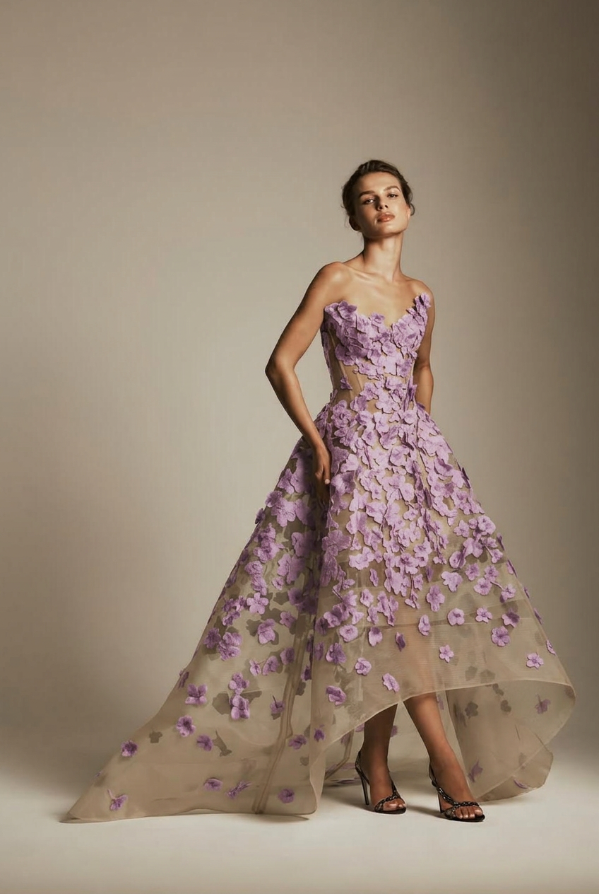 Lilac sweetheart applique ball gown evening dress