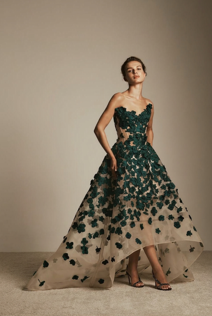 Dark green sweetheart applique ball gown evening dress