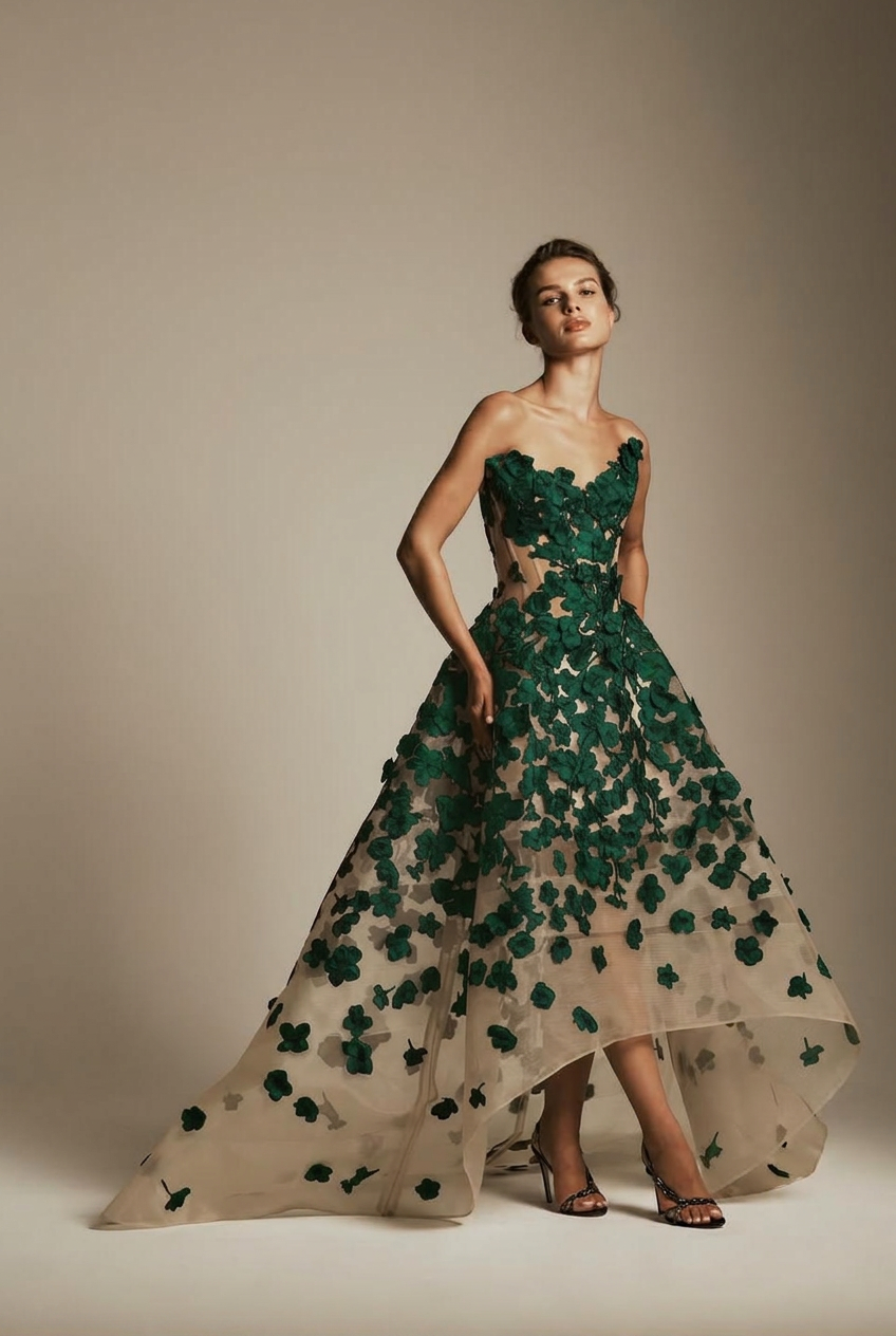 Emerald green sweetheart applique ball gown evening dress