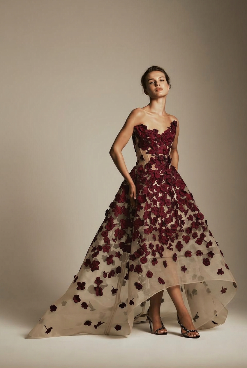 Burgundy sweetheart applique ball gown evening dress