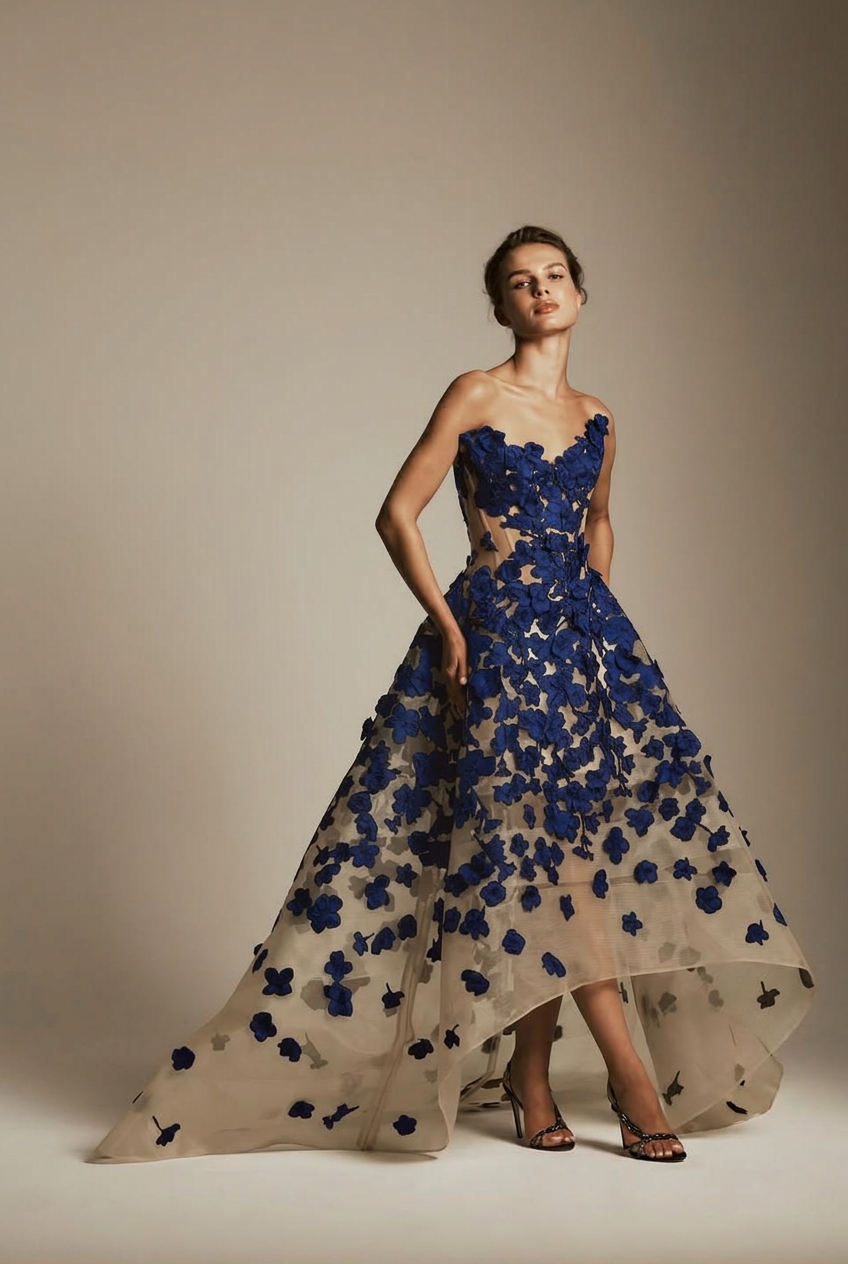 Royal blue sweetheart applique ball gown evening dress