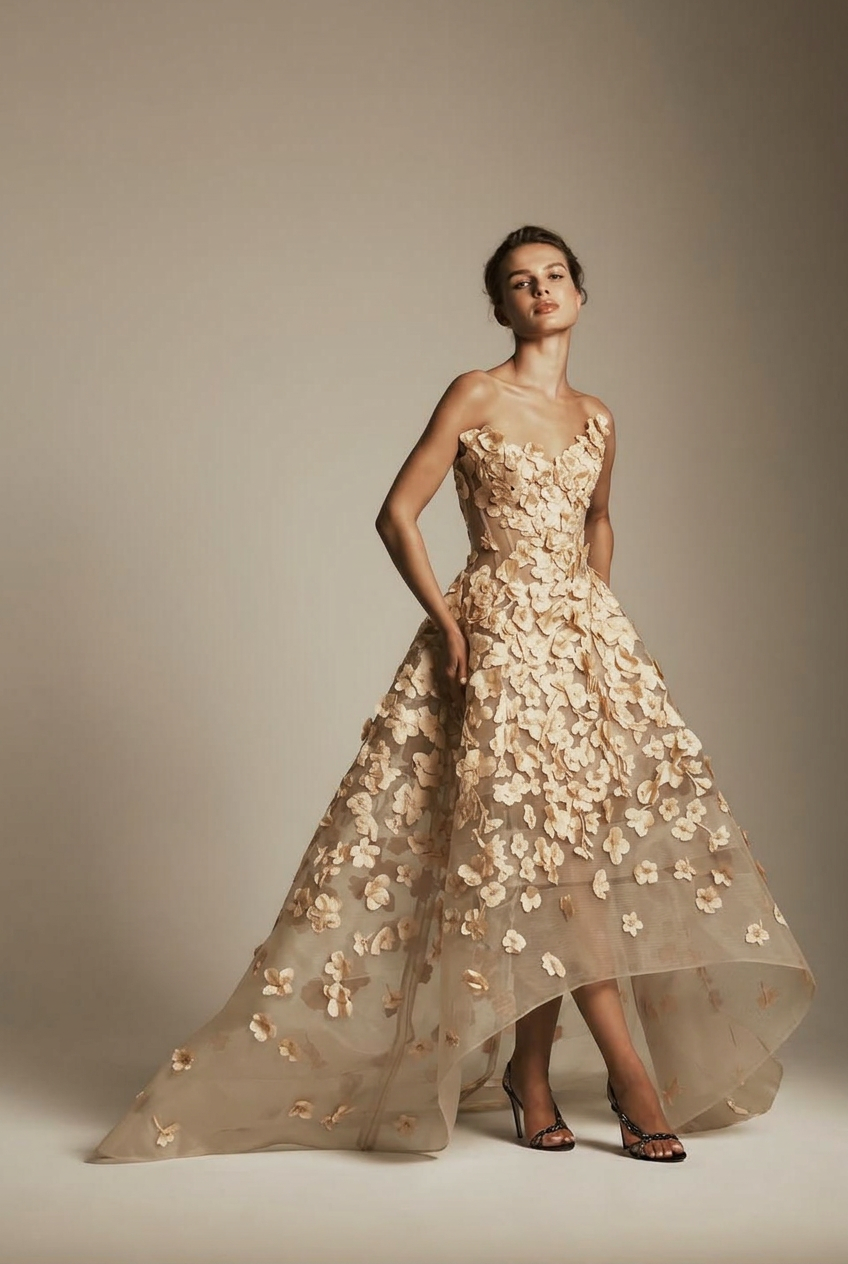 Champagne sweetheart applique ball gown evening dress
