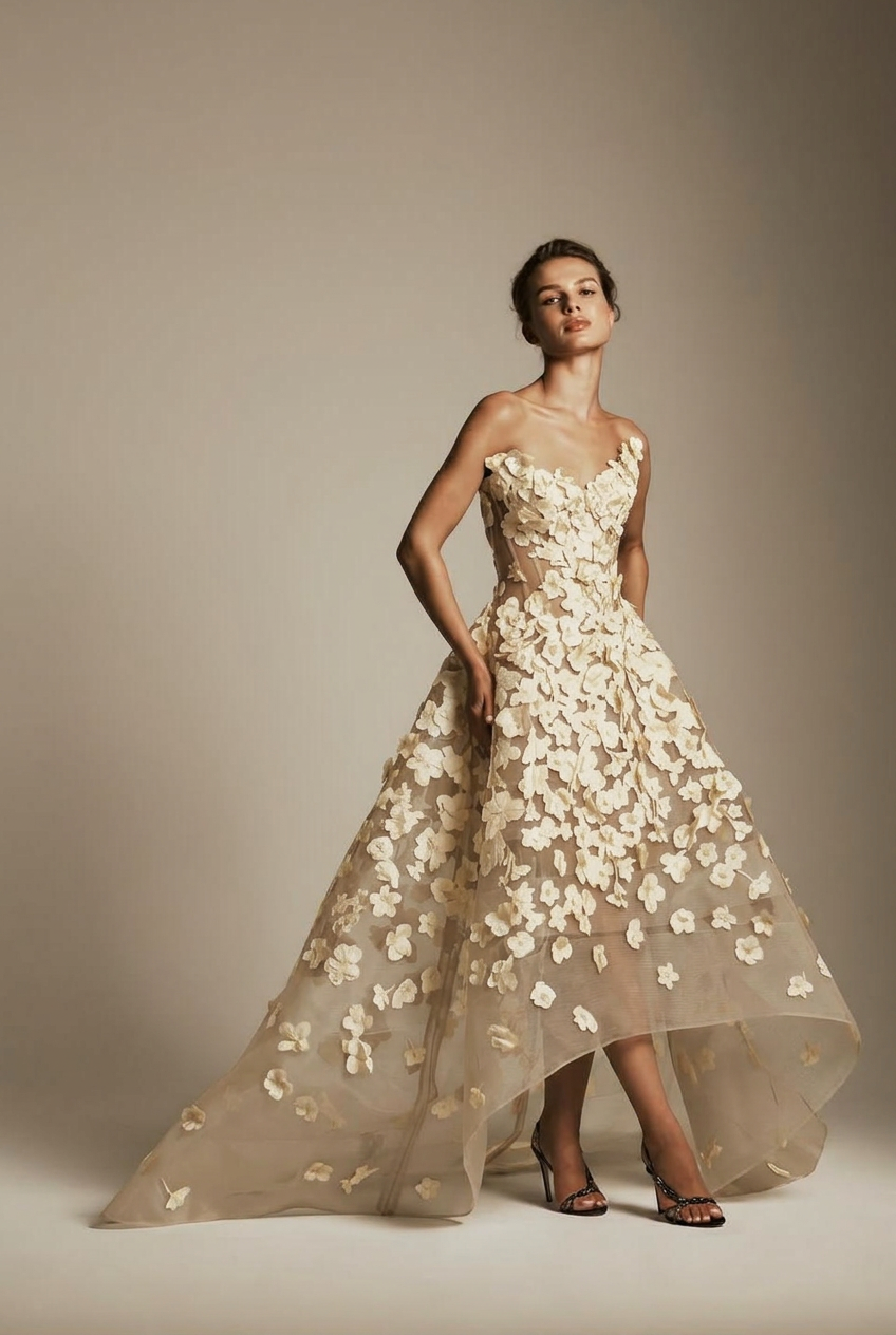 Ivory sweetheart applique ball gown evening dress