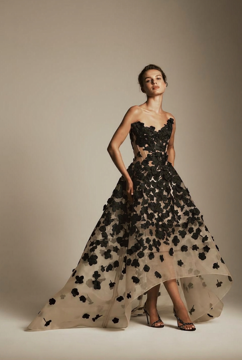 Black sweetheart applique ball gown evening dress