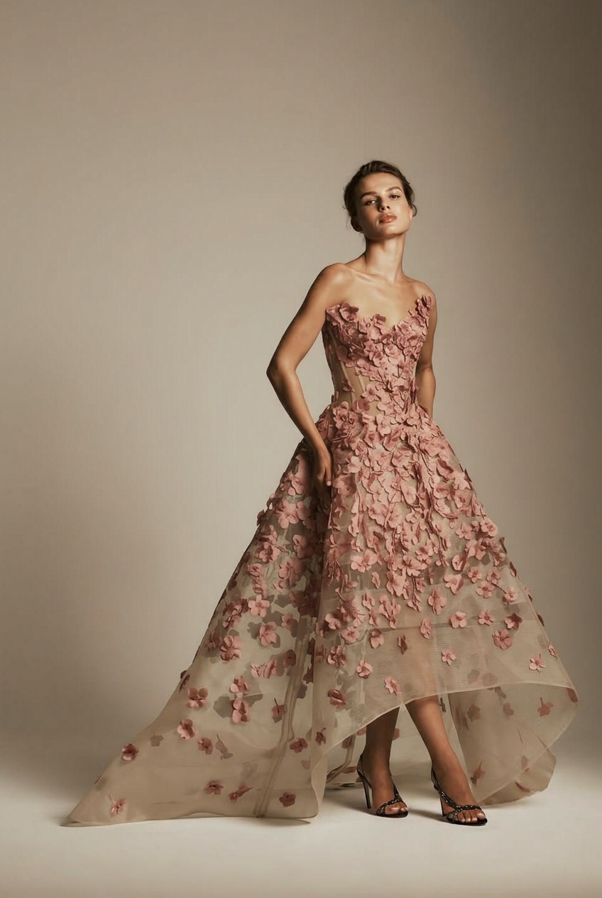 Dusty rose sweetheart applique ball gown evening dress