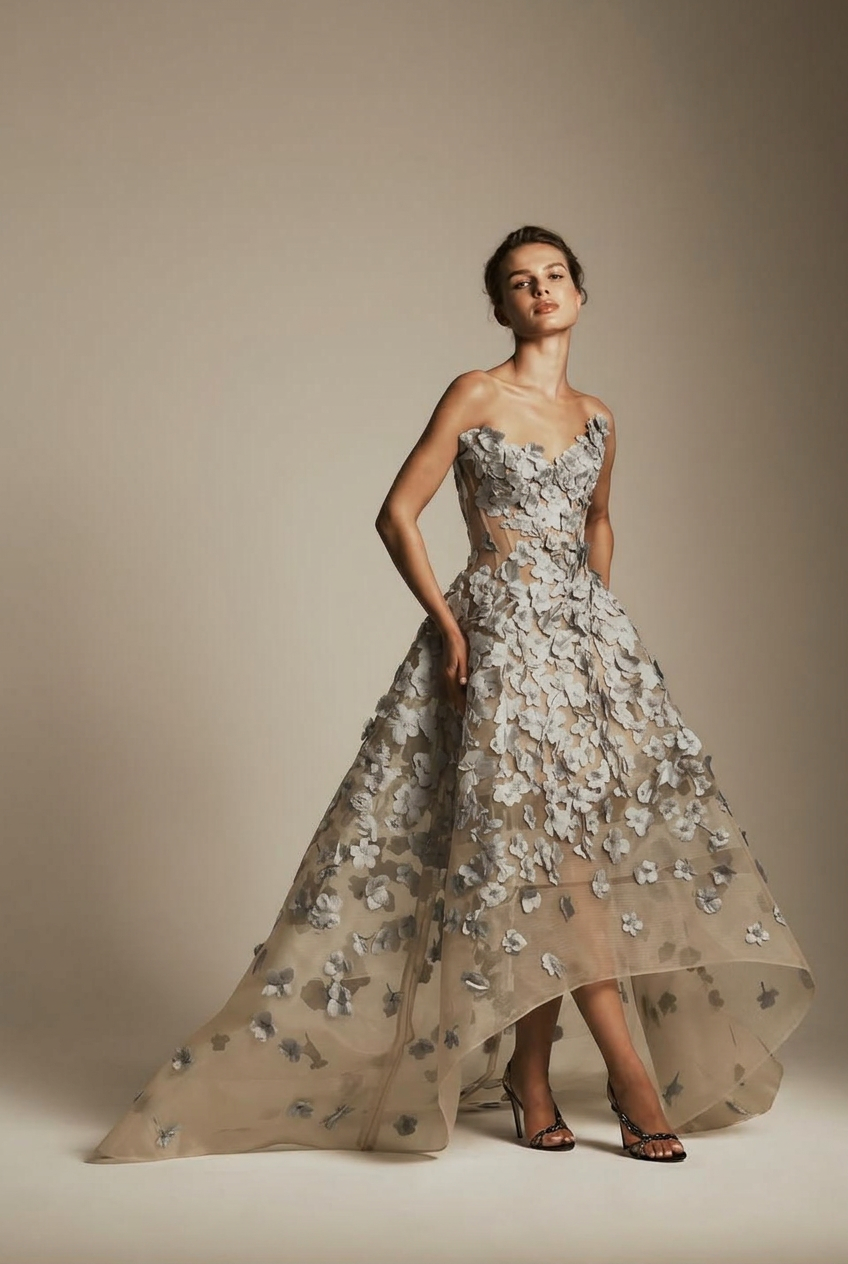 Silver sweetheart applique ball gown evening dress